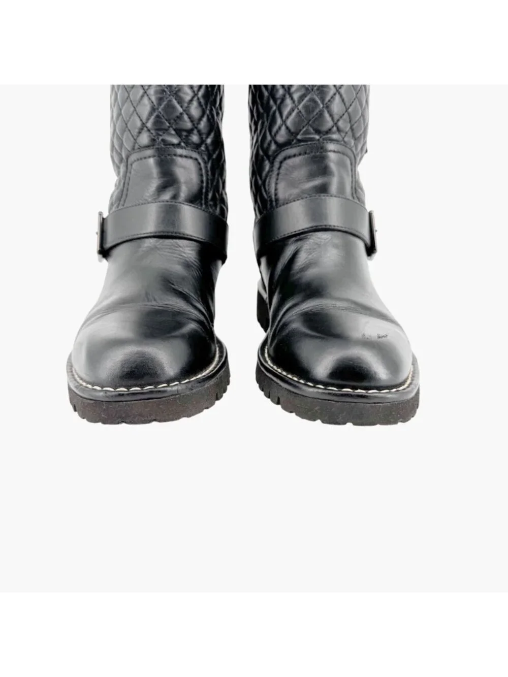 Chanel Quilted Moto Boots EU 37.5 US 6.5-7 Black Leather CC Biker Riding Calf